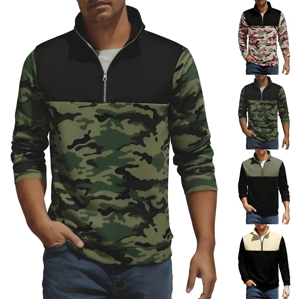 Men's Zip Utility Pullover Camouflage Quilted Sweater Slim Fit Turtlenck Warm Dress Sweatshirt