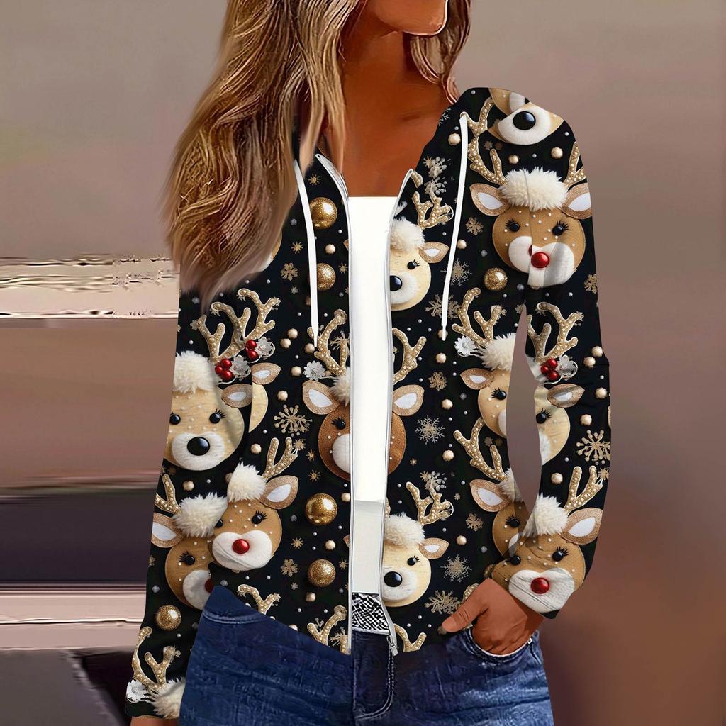 Women's Fashion Christmas Print Casual Zip-Up Long-Sleeved Hooded Jacket