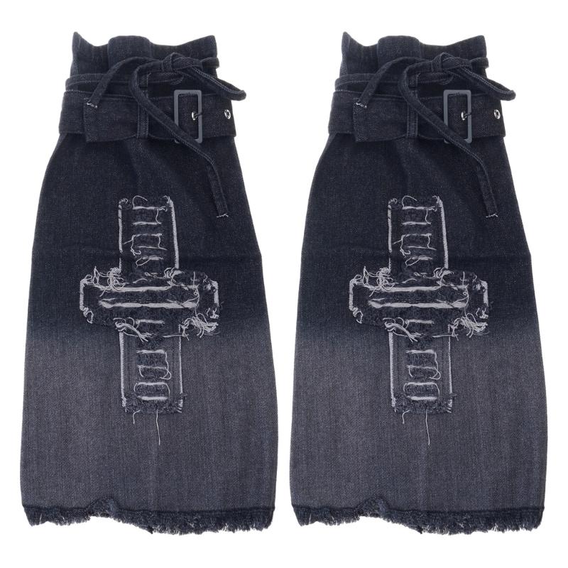 Japanese Women Buckled Strap Distressed Crosses Star Jeans Leg Warmers Harajuku Punk Flared Leg Cover Baggy Long Socks