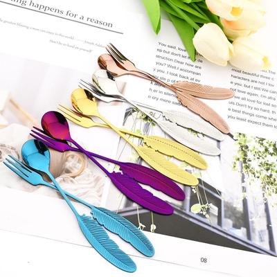 High Quality Feather Shape 2Pcs Creative Dinnerware 304 Stainless Steel Spoon Fork Gift Cake Stirring Sugar Soup Dessert Teaspoon Set