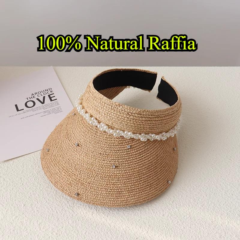 100% Natural Straw Hat Luxury Pearls Summer Sun Hat Beach Hats Woman Open Top  UV Protection Sunscreen Panama Sunshade Cap