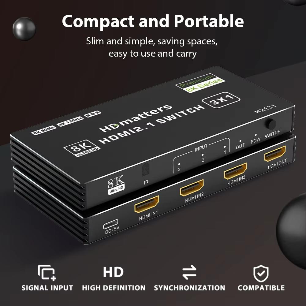 HDMI 2.1 Switch Splitter 120Hz 5/4/3-Port HDMI 8K@60Hz Splitter Switcher CEC 48Gbps  with Remote HDMI HDR IR Remote 4K@120Hz 2K