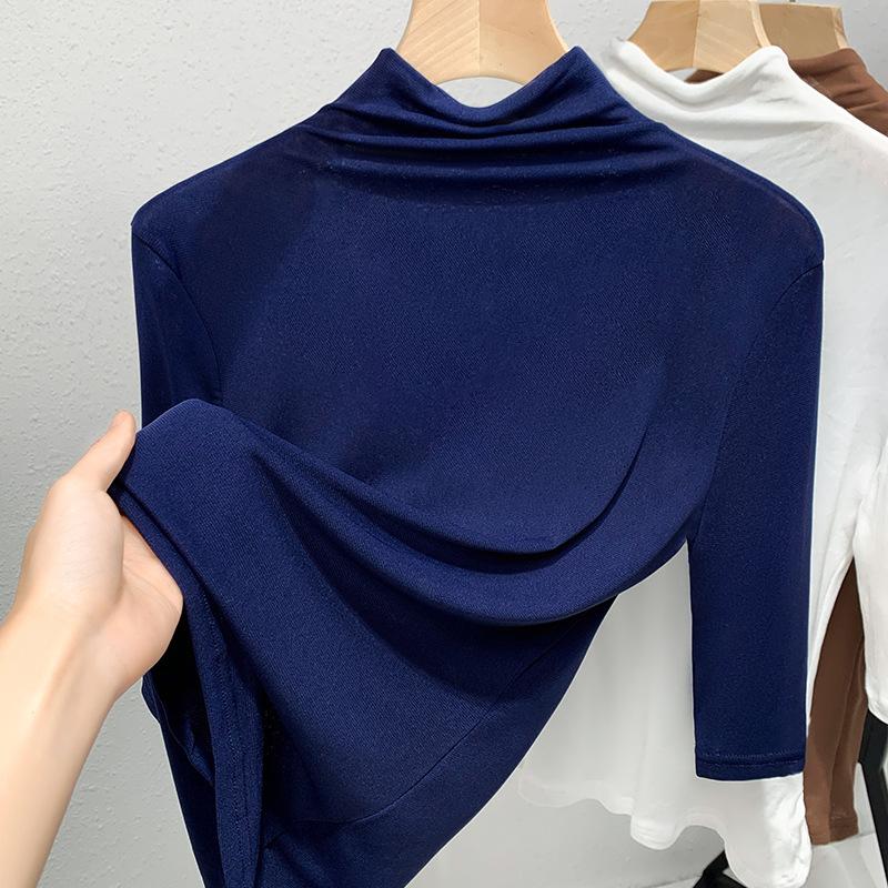 Damska koszulka bazowa z siateczki z półgolfem Nowa damska koszulka wewnętrzna w jednolitym kolorze Temperamentowy top z rękawem pięć punktów