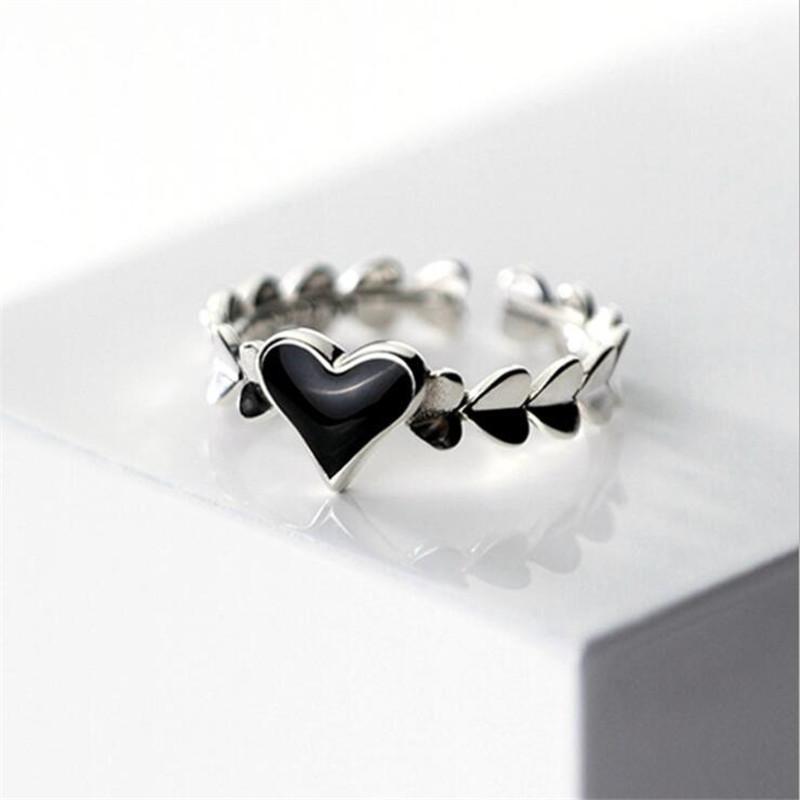 New Sweet Epoxy Black Love 925 Sterling Silver Jewelry Temperament Cute Heart Shape Fashion Opening Rings TYB043