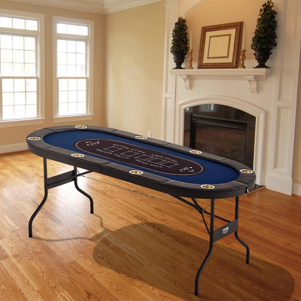 8 Player Foldable Poker Table, Blackjack Texas Holdem Poker Table with Padded Rails and Stainless Steel Cup Holders, Portable Folding Card Board Game