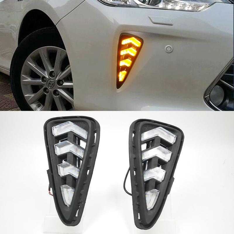 Car LED DRL For Toyota Camry 2015 2016 2017 Daytime Running Light Fog Lamp cover with yellow turn signal