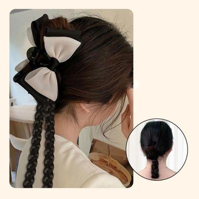 Women Bowknot Synthetic Wig Double Ponytail Grabber Clip Wig  Bow Flower Clip Wig Sweet Versatile Fake Ponytail Hair Extension