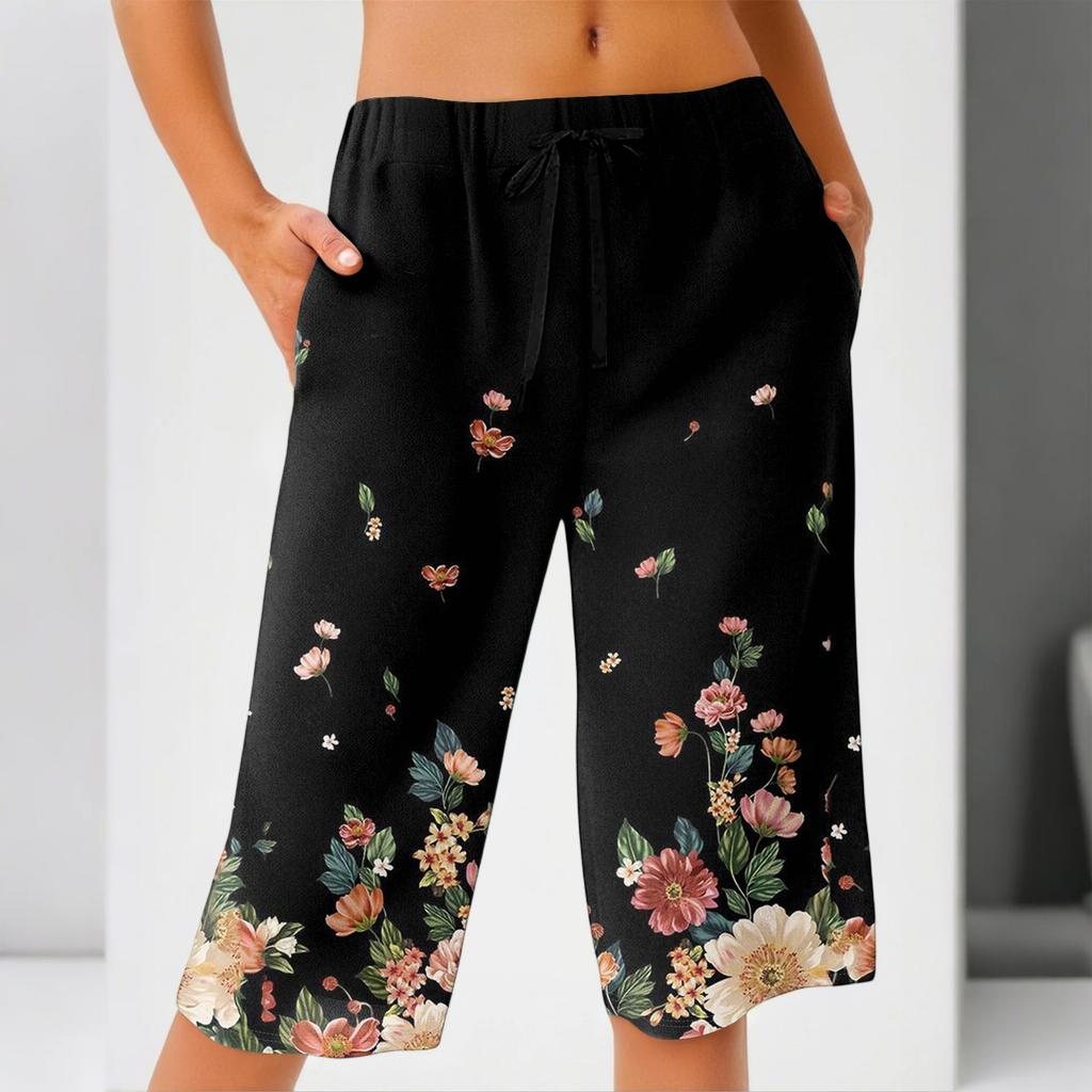 Women's Summer Fashion Retro Floral Polka Dot Print Knee Length Lightweight Elastic Waist Casual Pocket Shorts