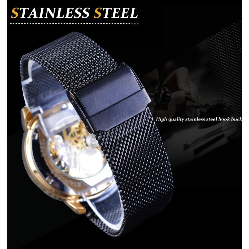 Forsining Ceas Bărbați Moda Ocazional Curea din plasă Hollow Gold Ceas mecanic manual GMT1040-8-A