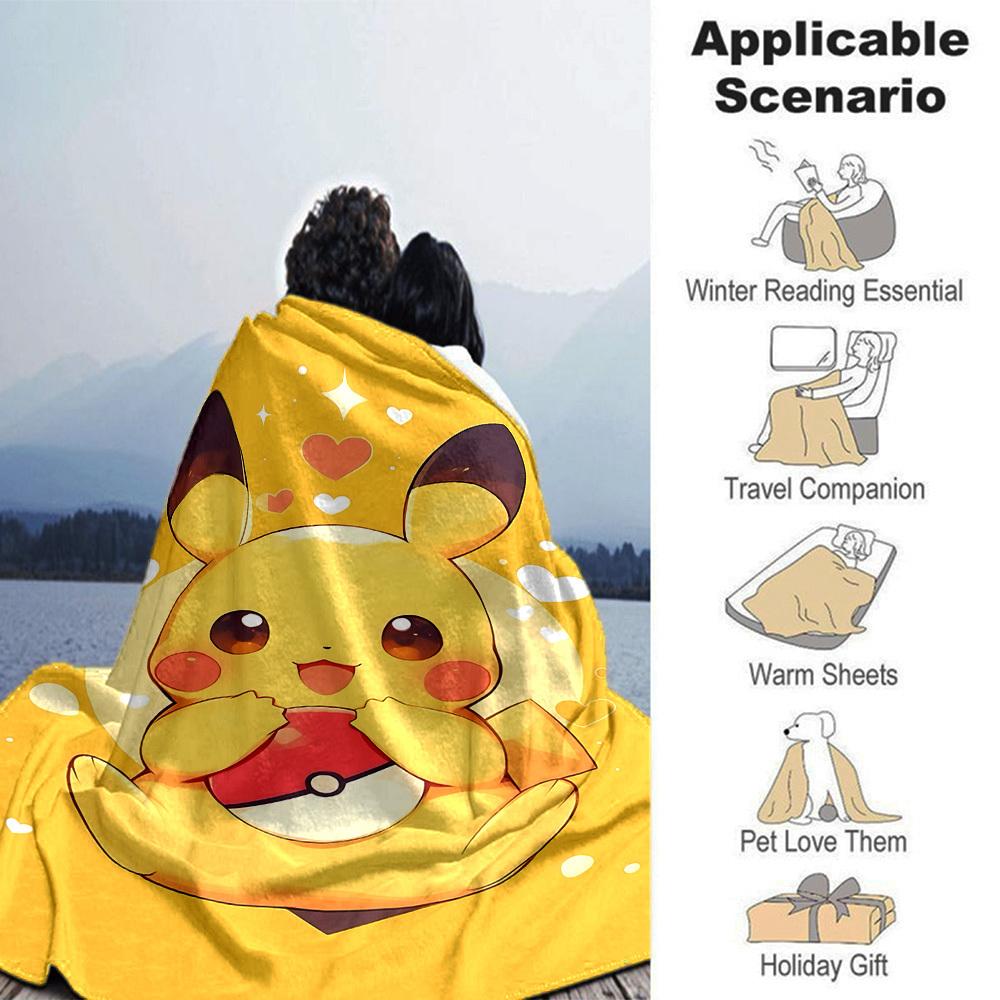 1pc Pikachu Heart blanket Lightweight Flannel Throw for Sofa Bed Travel Camping Livingroom Office Couch Chair