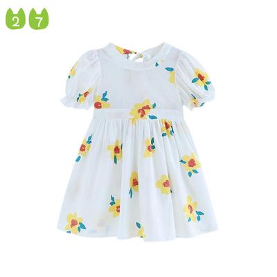 Girls' Floral Dress Bow Children Backless Short Sleeve Baby Princess Dress