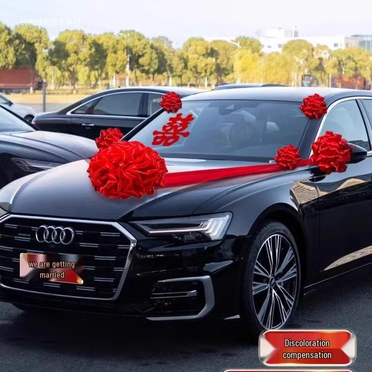 Complete Wedding Car Decoration Set: Escort Car Hood Flowers, Welcome Garland, Double Happiness Arrangement for a Festive Display