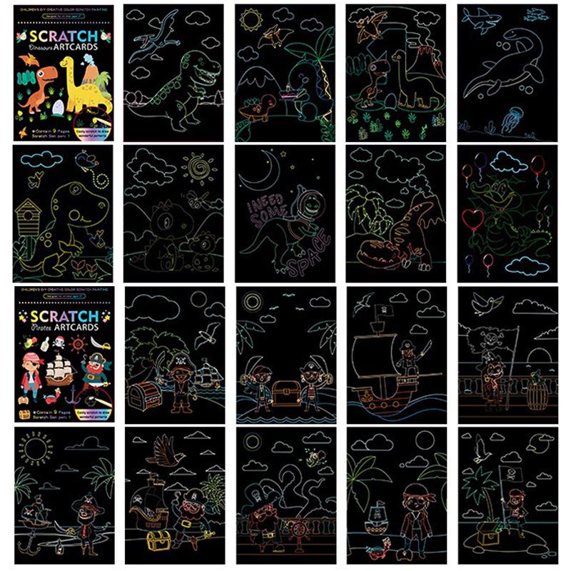 18 PCS Scratch Painting Papers Magic Rainbow Colored Drawing Set Space Animal Ocean Pirate Bamboo Stick Gifts for Boys Girls ZYF
