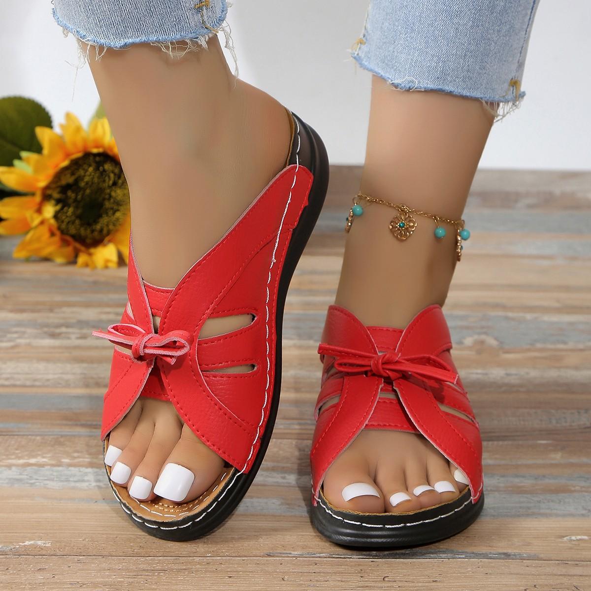 

2024 летние новые тапочки большого размера с бантом на толстой подошве, однотонные, с тряской линией, полые тапочки с рыбьим ртом, женские 36 красный