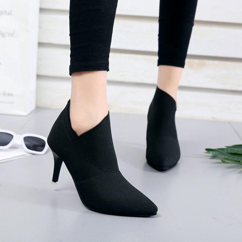 High Heel Short Boots Women's Stretch Boots British Pointed Martin Boots Skinny Heel and Ankle Boots