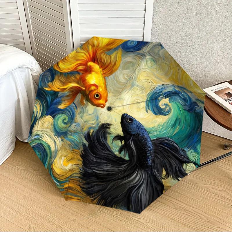 

1PC Goldfish Painting Automatic 8-Bone Folding Umbrella - Durable Polyester & Iron Frame,Userfriendly Operation yy250929186
