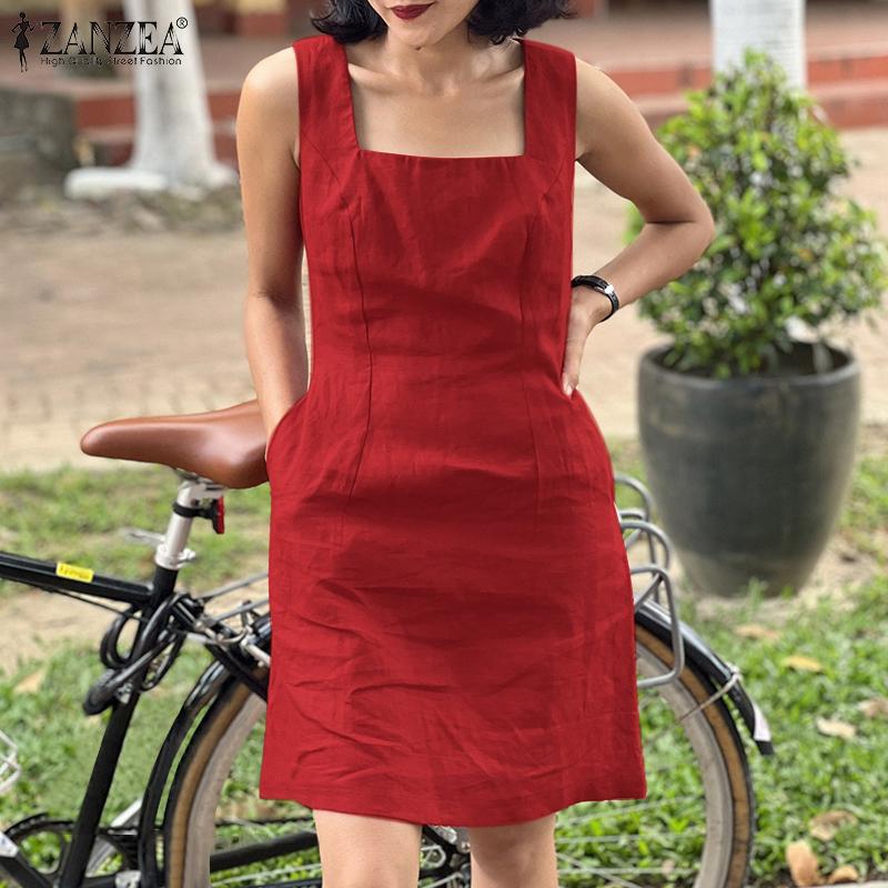 

ZANZEA Женское повседневное летнее короткое платье без рукавов с квадратным воротником