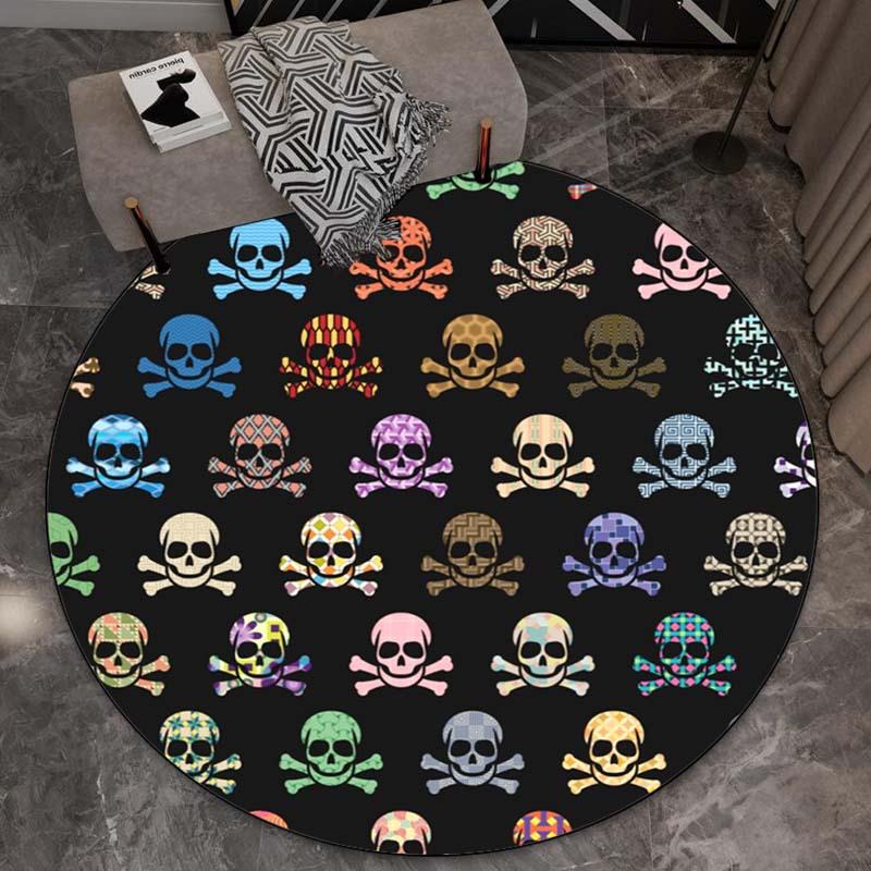 Colorful Skulls Crossbones Pattern Round Rug Punk Rock Style Crystal Velvet Carpet for Bedroom Living Room Edgy Fashion Decor