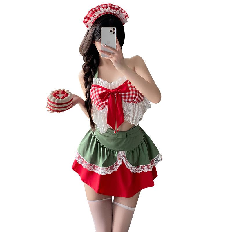 Kawaii Christmas Cosplay Sweet Costumes Cute Maid Uniform Passion Bow Lace Top Miniskirt Set Santa Claus Role-playing Outfit with Stockings