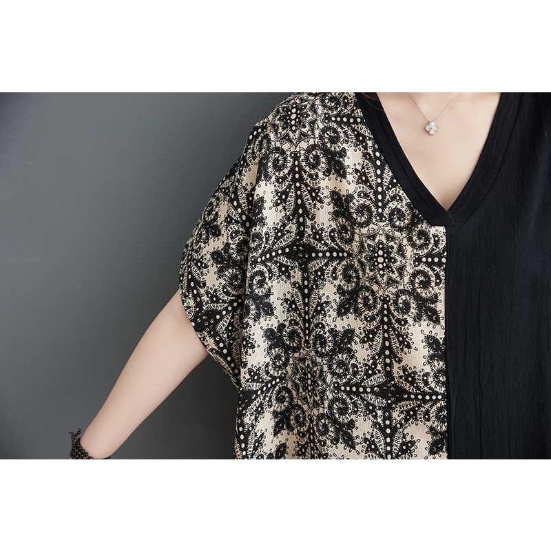 Summer Vintage Colorblocking 200 Pounds Long Dresses Big Pockets V-Neck Dresses