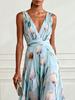 Women's V-neck Off-the-Shoulder Printed Chiffon Maxi Dress with Fitted Waist for Spring/Summer