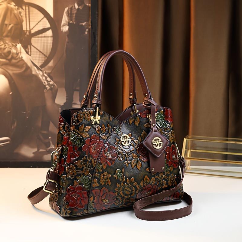 Vintage Präglad Blommig Mönster Axelhandväska, Lyxig PU Läder Toteväska, Mode Crossbodyväska För Kvinnor4.7250 köp