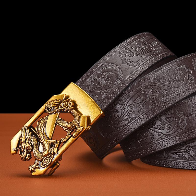 Men's Business Casual Cowhide Leather Belt with Vintage Copper Dragon Automatic Buckle