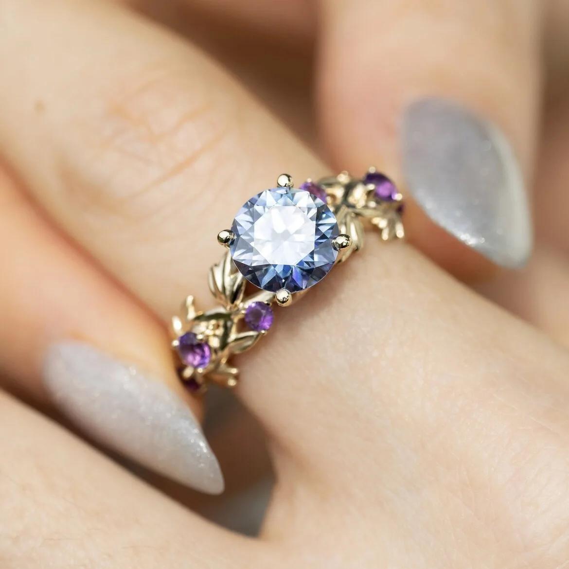 Princess olive leaf engagement ring with blue zircon minimalist floral women s jewelry 9 синий
