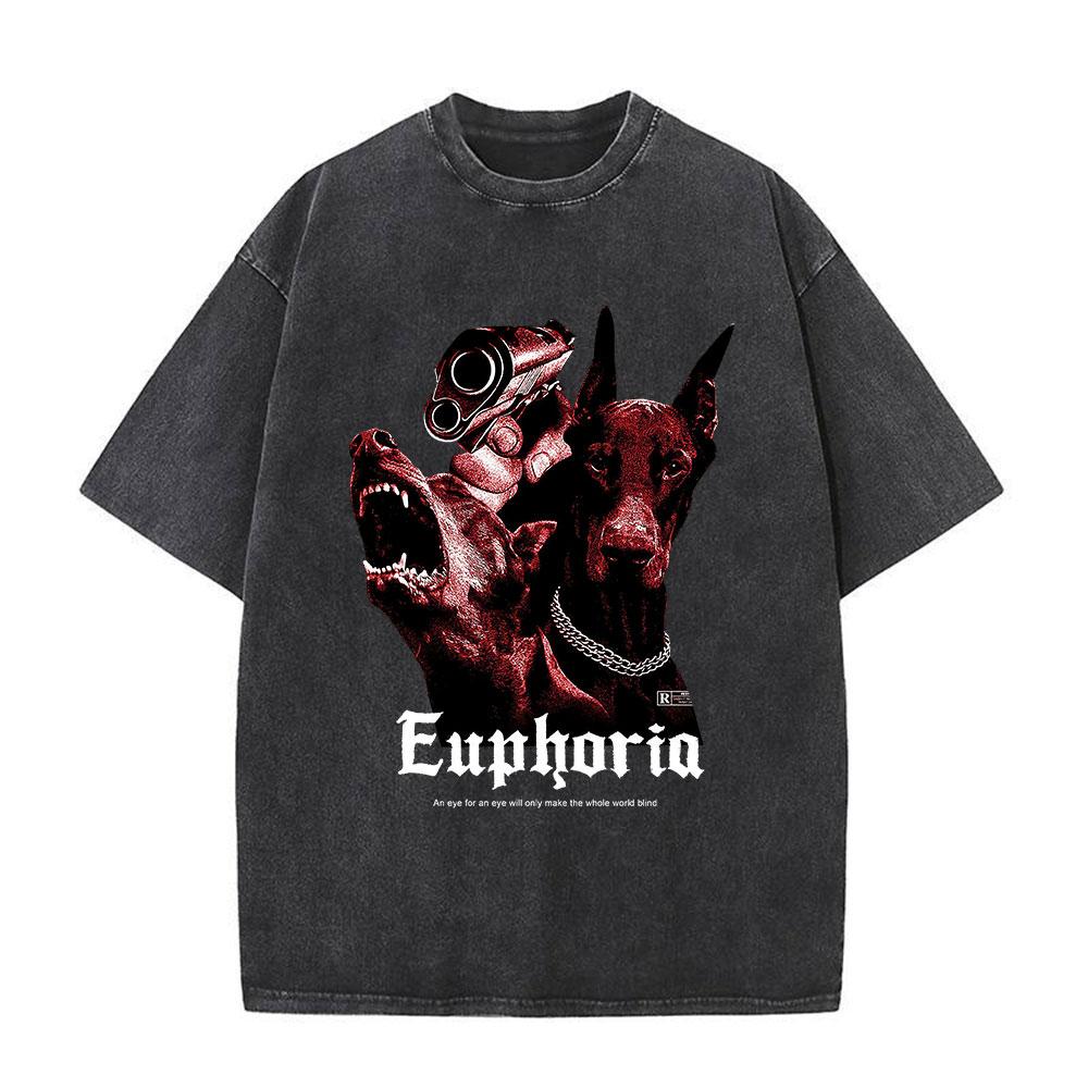 Men Washed T Shirt Oversized Streetwear Hip Hop Doberman Dog Graphic T-shirt Vintage Distressed Cotton Short Sleeve T-shirts