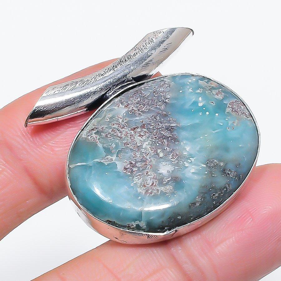 Natural Larimar Gemstone Handmade 925 Sterling Silver Jewelry Pendant 1.38" w5S97