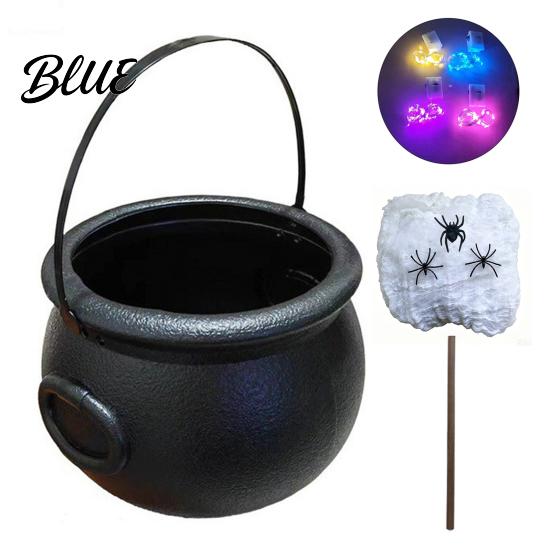 Fairy Tale Magic Props Light Up Witch Cauldron DIY Set Halloween Glowing Black Plastic Bowl with Spiders Smoke Effect Decoration Spooky Hocus Pocus
