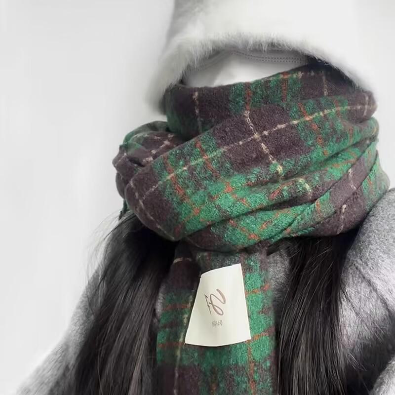 Women's Winter Plaid Scarf, Japanese-Korean Style, Warm & Thick, Versatile Shawl for Couples & Students