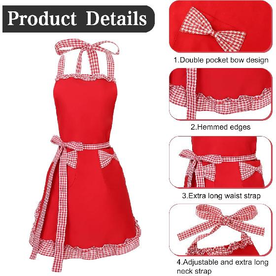 Auidy_6TXD 3 Pack Cute Apron for Women, Adjustable Cooking Aprons with Pockets Sweet Bowknot Apron Retro Ruffle Side Design Women's Cake Baking Apron