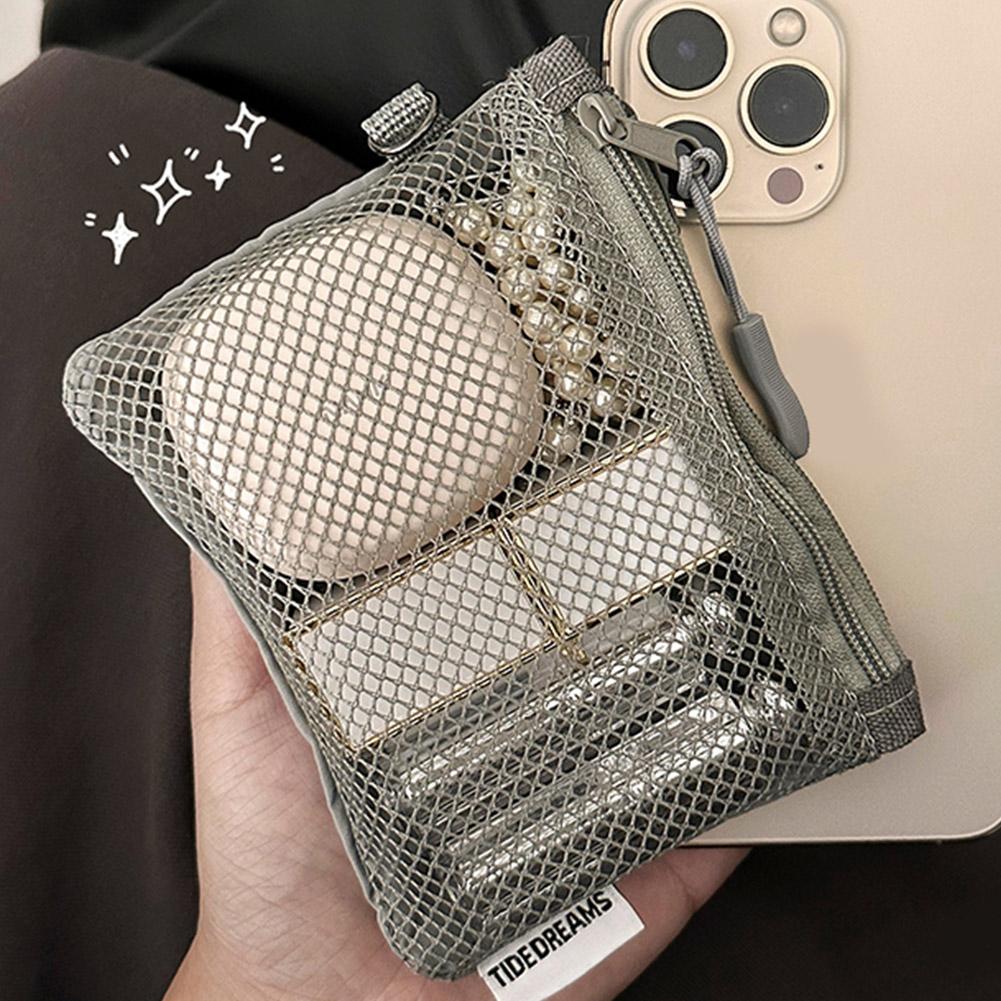 Dual-Layer Mesh Storage Bags Portable Travel Makeup Bag with Zipper Mini Toiletries Cosmetics Organizer Simple Stationery Bag
