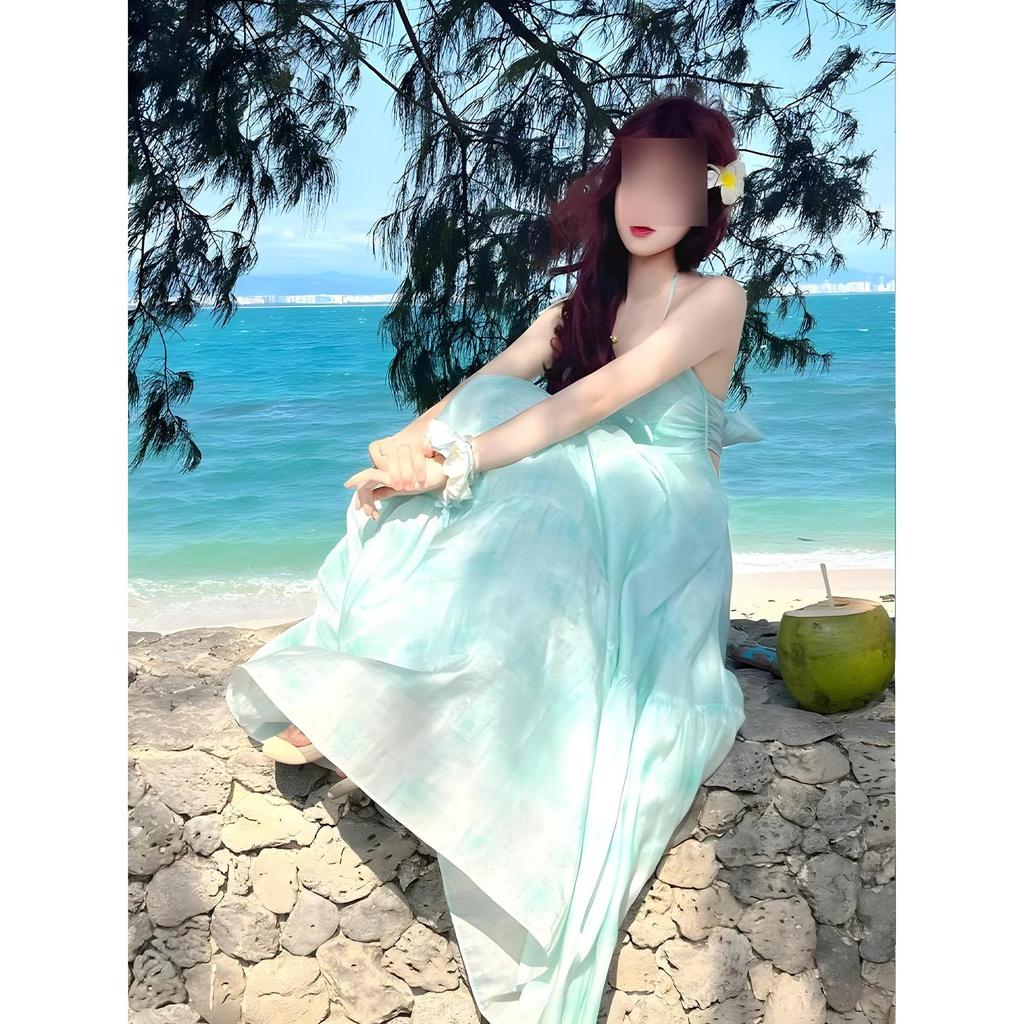 Französisches Neckholder-Kleid Damen Sommer Dopamin Strandurlaub Feenkleid Sanft rückenfrei Großes Swingkleid