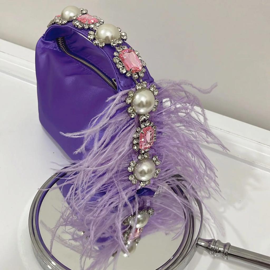 Diamonds Feather Women Handbags Luxury Pearls Party Evening Bags for Women  Designer Satin Square Clutch Wedding Purses Tote