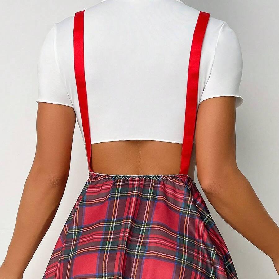 European and American new small fresh plaid one-piece suspender, thin backless sexy erotic underwear set is in stock.