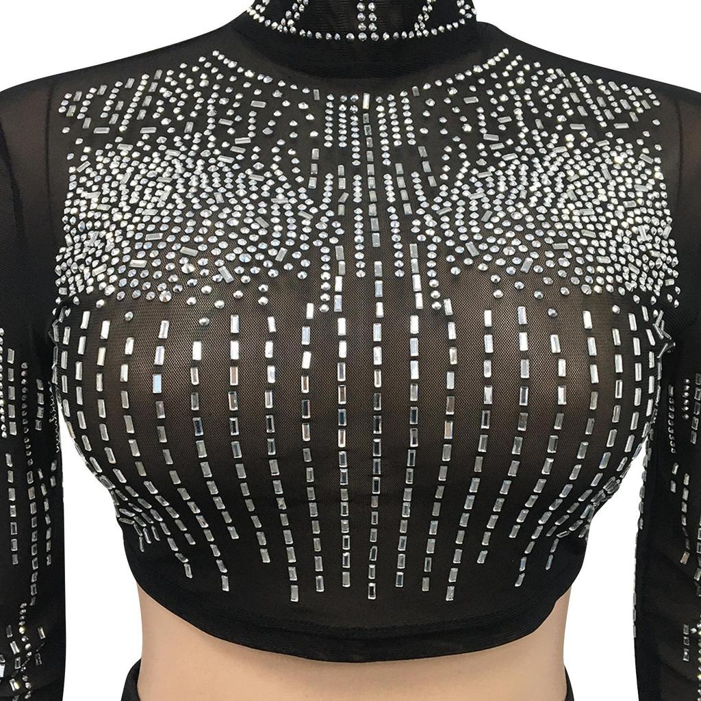 Sexy Rhinestone Mesh See-through Long Sleeve Slit Two-piece Nightclub Dress