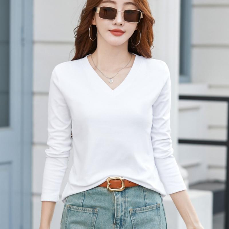Women's Slim Fit V Neck Long Sleeve T-Shirt Solid Color Top for Spring and Fall Casual Shirts
