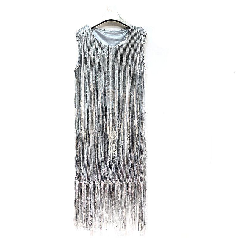 

Women s Korean-Style Vintage Heavy-Work Tassel Dress with Sequins Vest Silver Free size around 50.00 kg-70.00 kg