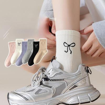 Solid Color Versatile Mid-calf Socks, Simple Long Socks for Autumn and Winter, Cute Bow Cotton Socks, Women's Socks for Spring and Autumn