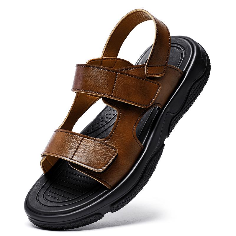 Men s Large Size Leather Sandals: Adjustable Velcro Beach Slides (Sizes 45-46) 45
