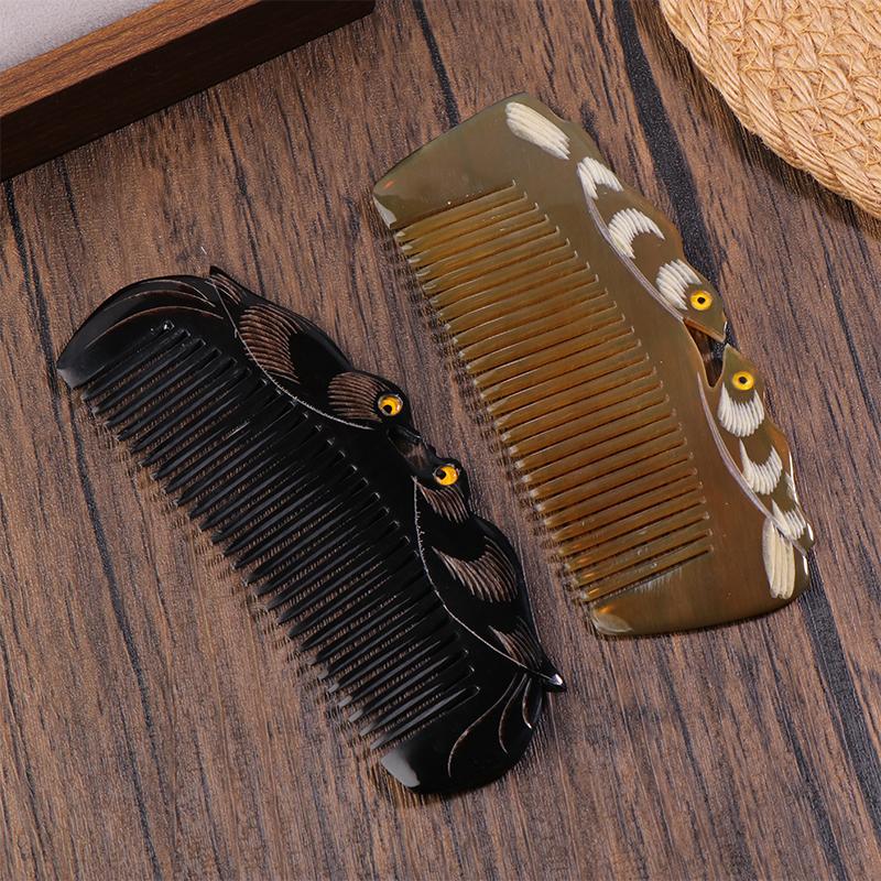Natural Ox Horn Comb Anti Static Buffalo Combs Mandarin Duck Phoenix Carving Professional Detangling Massage Fine Tooth Comb