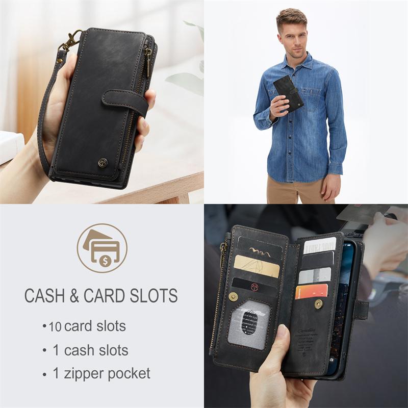 CaseMe Flip Leather Phone Case For iPhone 17 Pro Max 16 Plus 15 14 13 12 11 XS XR X Samsung S26 S25 FE S24 Ultra S23 S22 S21 Zipper Wallet Cards Cover
