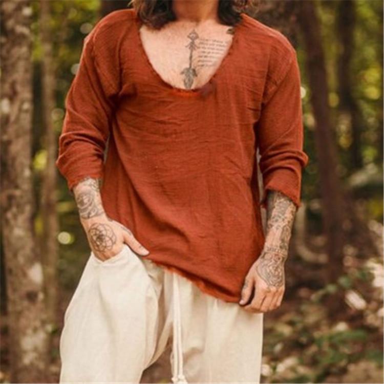 Long Sleeve Men Casual Vneck Shirt Tops Burr Edge Pleated Solid Color Loose Fit Thin Pullover Tops Streetwear