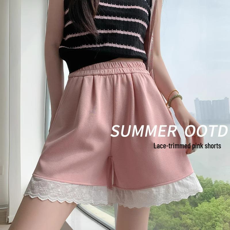 

High-Waisted Pink Lace-Trimmed Wide-Leg Sports Shorts for Women, Summer 2025 L (recommended 106-115 jin)