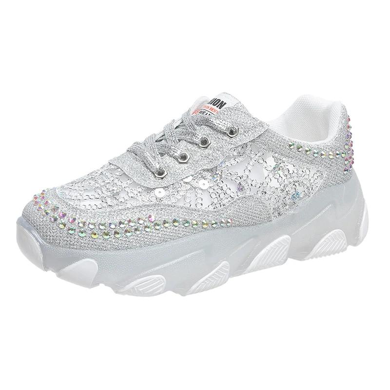 Women's Casual Shoes Lace-up Rhinestones Mesh Upper Women's Sports Shoes Leisure Platform Sole Breathable Zapatillas De Mujer