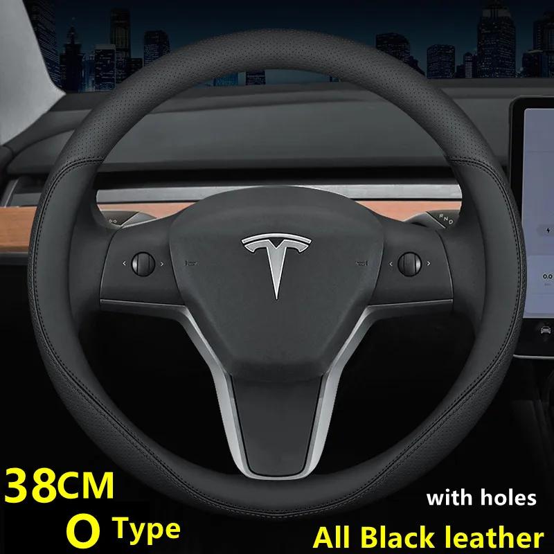 Nappa Leather Car Steering Wheel Cover For Tesla Model 3 Y S X 2019 - 2025 4 Seasons 36-38 CM Black Auto Interior Accessories