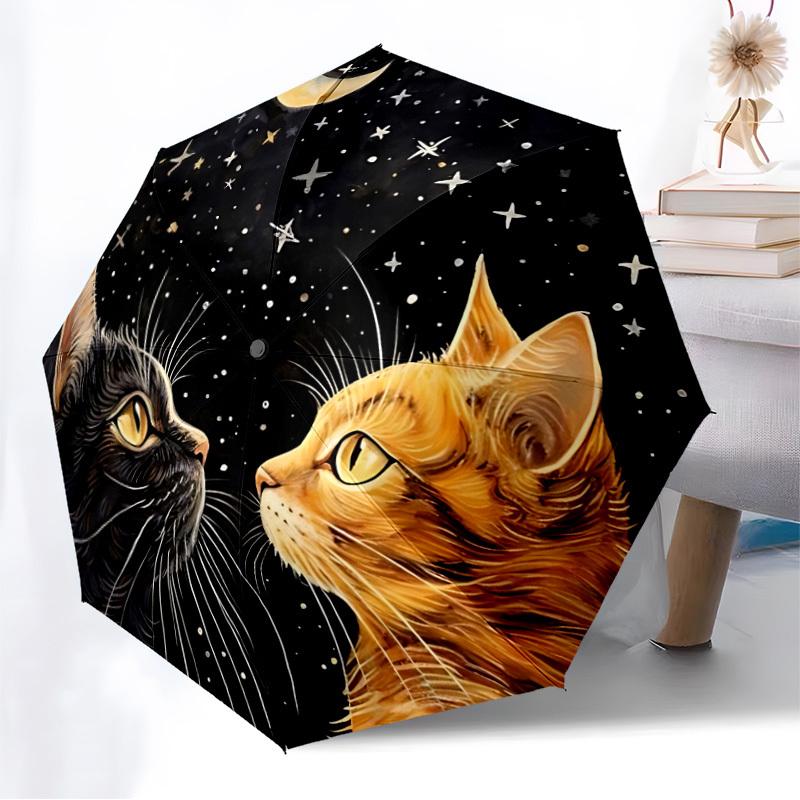 1 Stück Katzen Nacht Mond Sterne Automatischer Faltregenschirm, 8 Rippen Eisenrahmen, Geeignet für Reisen im Freien und den täglichen Gebrauch yy251120258