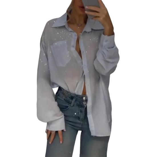 

Женская рубашка с лацканами, длинный рукав, с золотой строчкой, однобортная рубашка L светло-синий